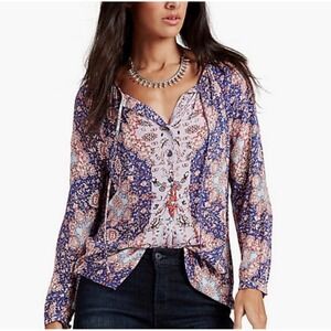 Lucky Brand Boho Peasant Top‎ M Purple Blue Red Medallion Print Boho Tunic